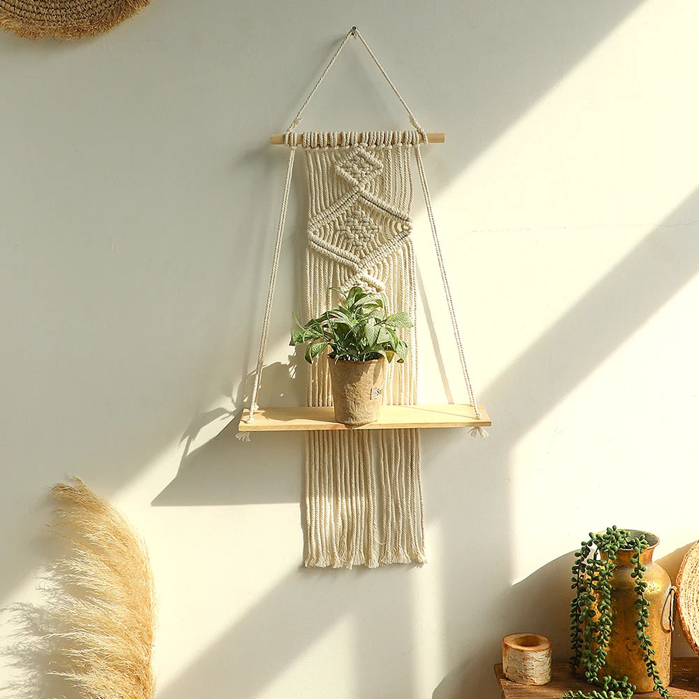 Macramé Wood Hanging Wall Shelf