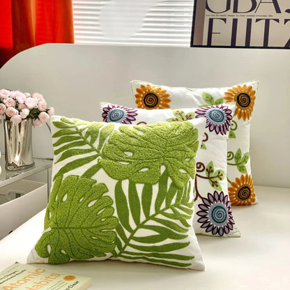Flower Embroidered Plush Throw Pillow Cover – Minimalist Boho Cushion for Sofa, Bed, or Chair | 18x18 Inch | Garden-Inspired Housewarming Gift