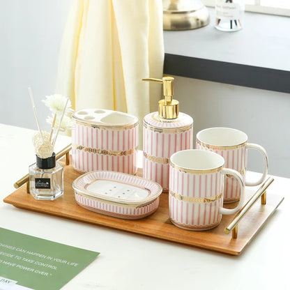 Ivory Porcelain & Gold-Plated Ceramic Bathroom Set – Pink Stripes