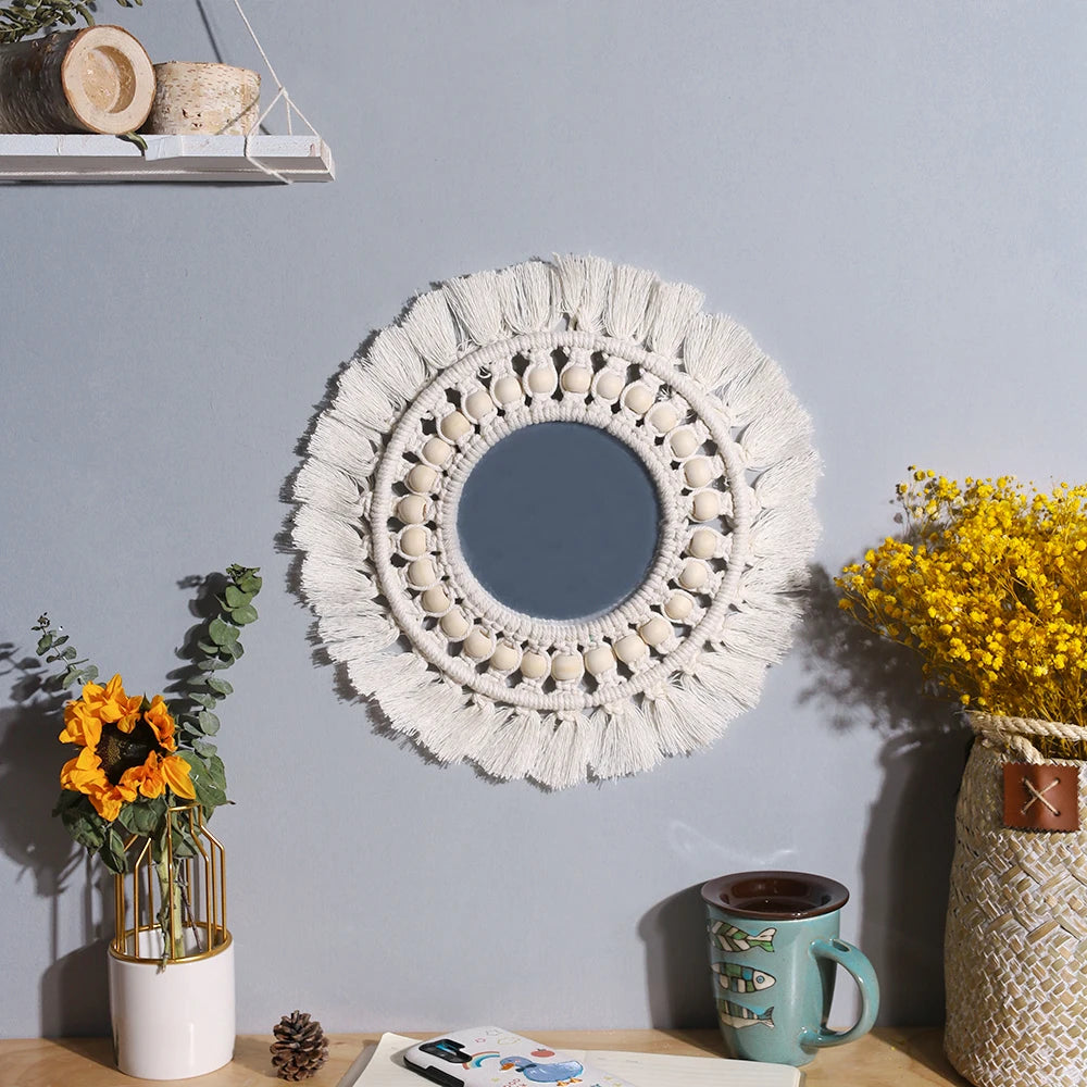 Boho Macrame Round Wall Mirror – Decorative Hanging Mirror for Bedroom & Living Room - Natural Knotted Sun