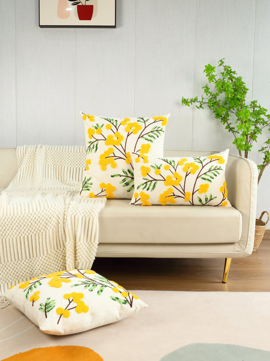 Embroidered Floral Throw Pillow Cover – Yellow Flowers Boho Home Decor for Couch, Bed & Chair