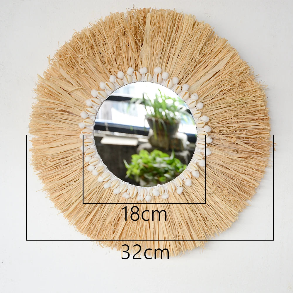 Round mirror with raffia frame and bead accents, showing dimensions on a white background. boho home decor, boho wall mirror, macrame wall mirror, nordic decor, romantic wedding wall decoration, housewarming gift, round straw mirror, woven wall decor, tapestry mirror, boho bedroom wall accent, rustic mirror wall hanging