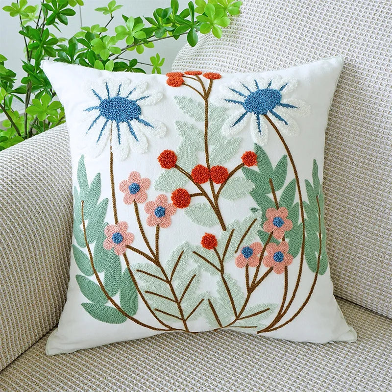 Embroidered Flower Throw Pillow Covers – Boho Cotton Cushion Covers for Bed, Sofa & Home Decor Housewarming Gift for Boho Lover 