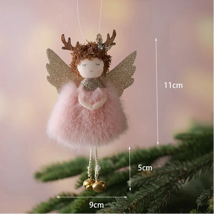 Decorative angel ornament with antlers hanging on a tree branch, with measurements indicated.
