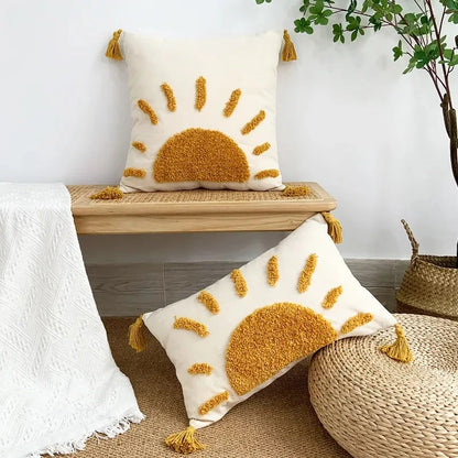 Boho Home Decor Yellow Sun Tufted Embroidered Pillowcase – Decorative Throw Pillow Cover For Living Room