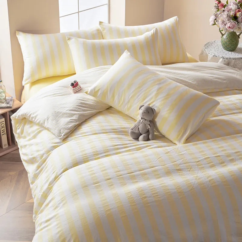 Yellow Boho Striped Microfiber Bedding Set – 4-Piece Soft & Cozy Duvet Cover Set with Pillowcases & Flat Sheet