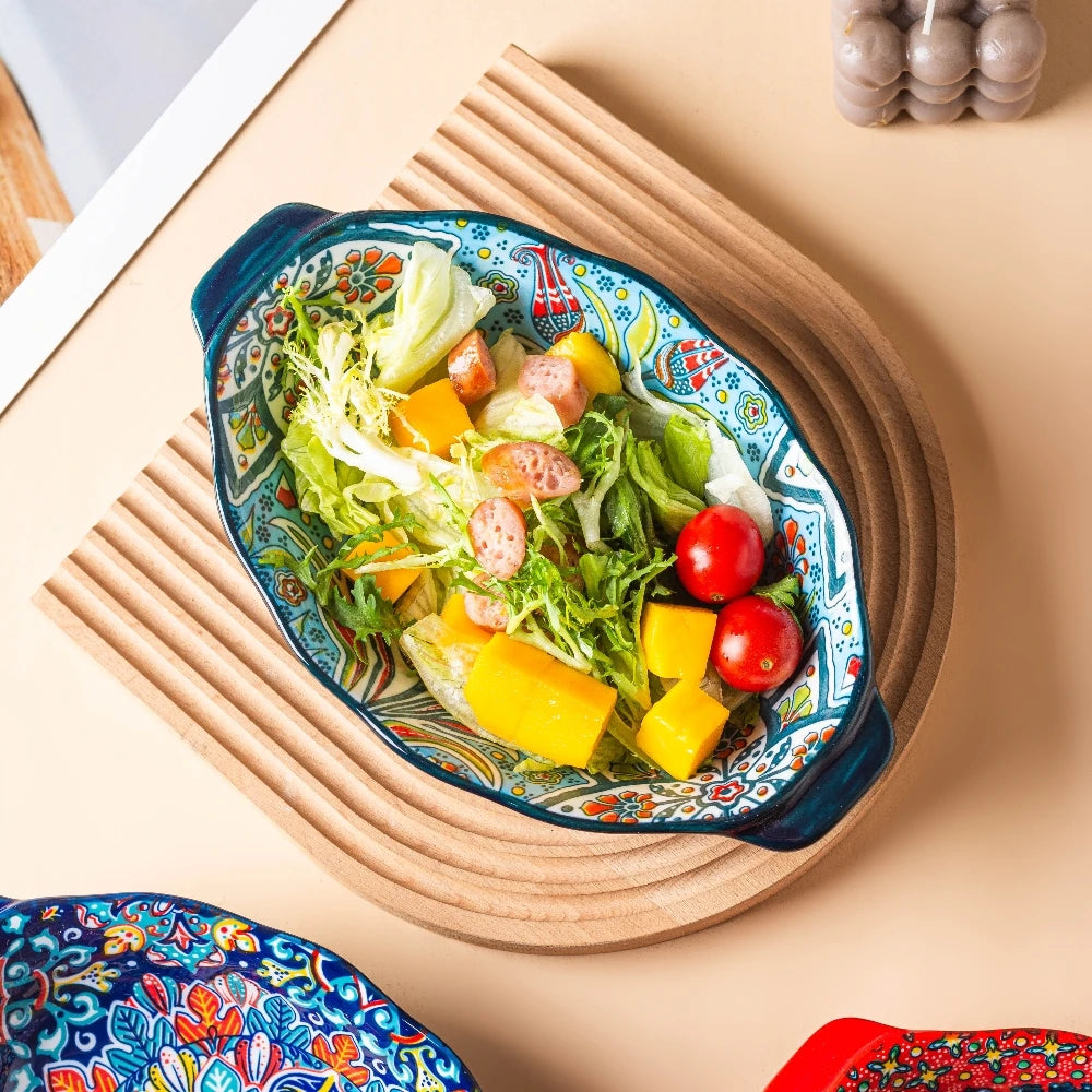 Bohemian Egg-Shaped Ceramic Baking Plate – 9" Colorful Oval Pasta, Salad & Fruit Dish