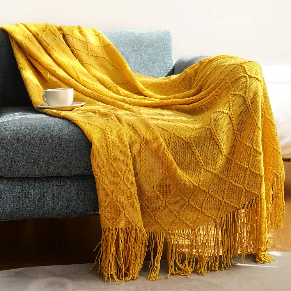 Mustard Yellow Boho Nordic Knitted Throw Blanket with Tassels – Geometric Diamond Design for Bed, Couch, and Living Room