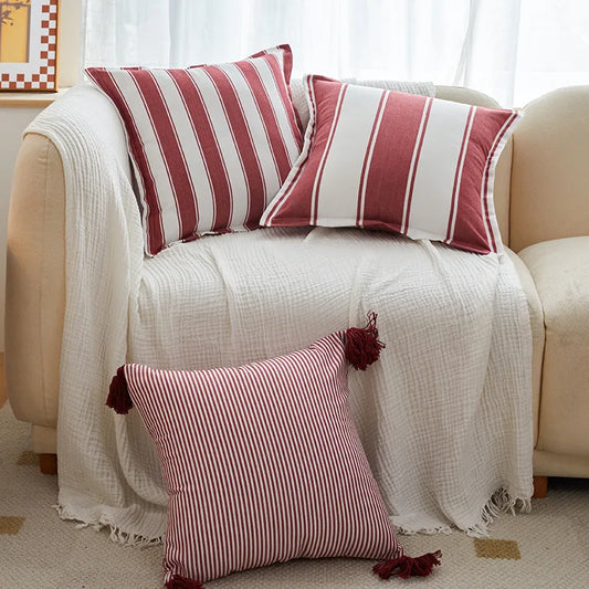 Classic Striped Cushion Cover 45x45cm Hawthorn Red Ivory Fabric Pillow Cover Boho Home Decoration Decor Pillowcase Tassels