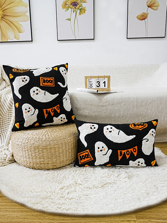 Halloween Ghost Embroidered Pillow Cover – Spooky Chic Accent for Sofa, Chair, or Bed