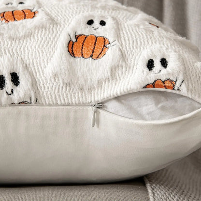Ghost & Pumpkin Plush Faux Fur Pillow Cover – 18x18” Halloween & Fall Decor for Sofa or Bed