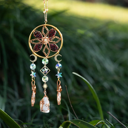 Decorative hanging flower ornament with gemstones and charms against a natural background boho home decor, crystal wind chime, sun catcher for windows, moon prism chime, agate stone hanging, garden art decor, patio hanging decoration, boho housewarming gift, spiritual gift, crystal suncatcher, balcony decor, meditation decor, handmade crystal chime