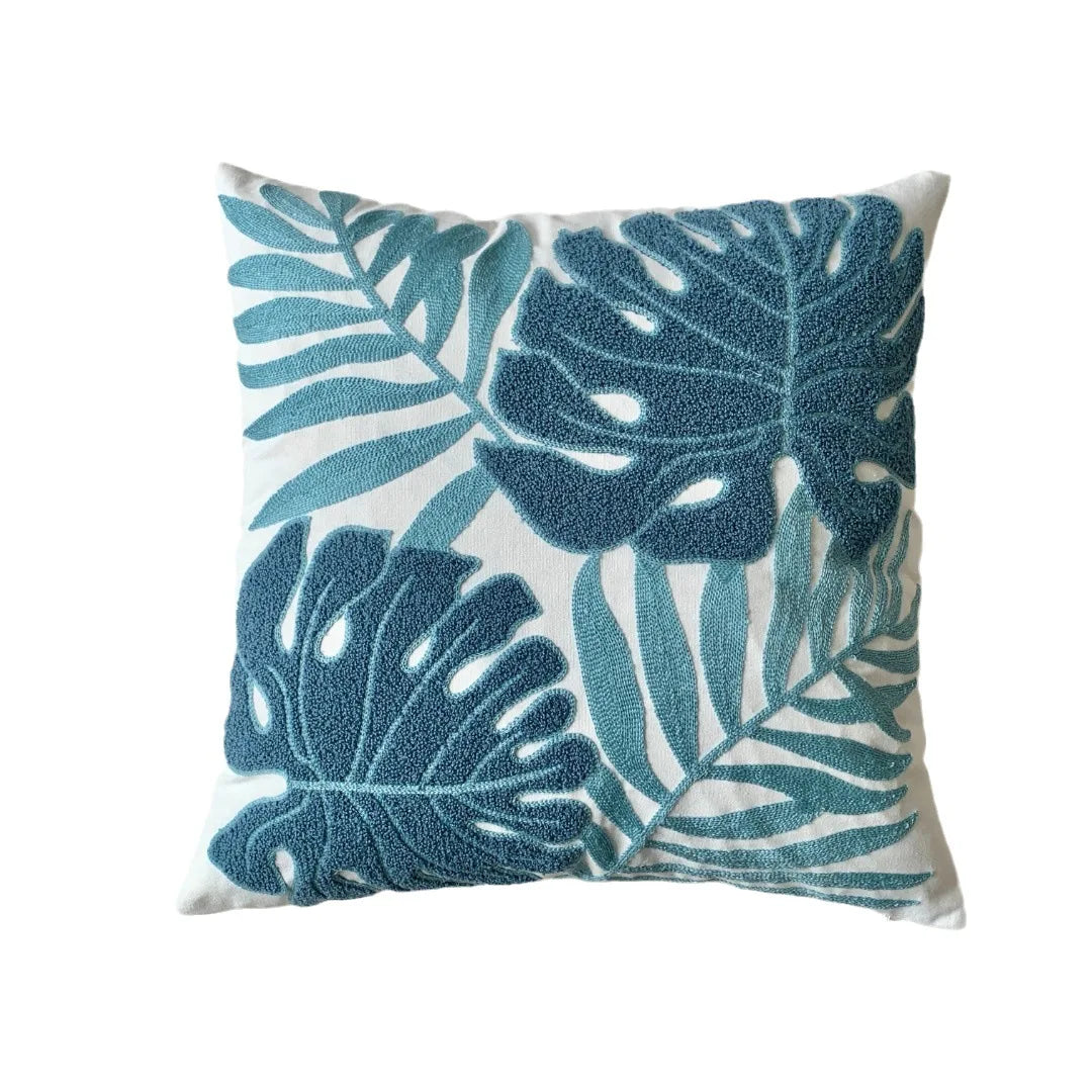 🌿 Green Leaf & Sunflower Embroidered Pillow Cover – 18 x 18 inches Boho Modern Cushion Cover for Sofa, Chair, or Car