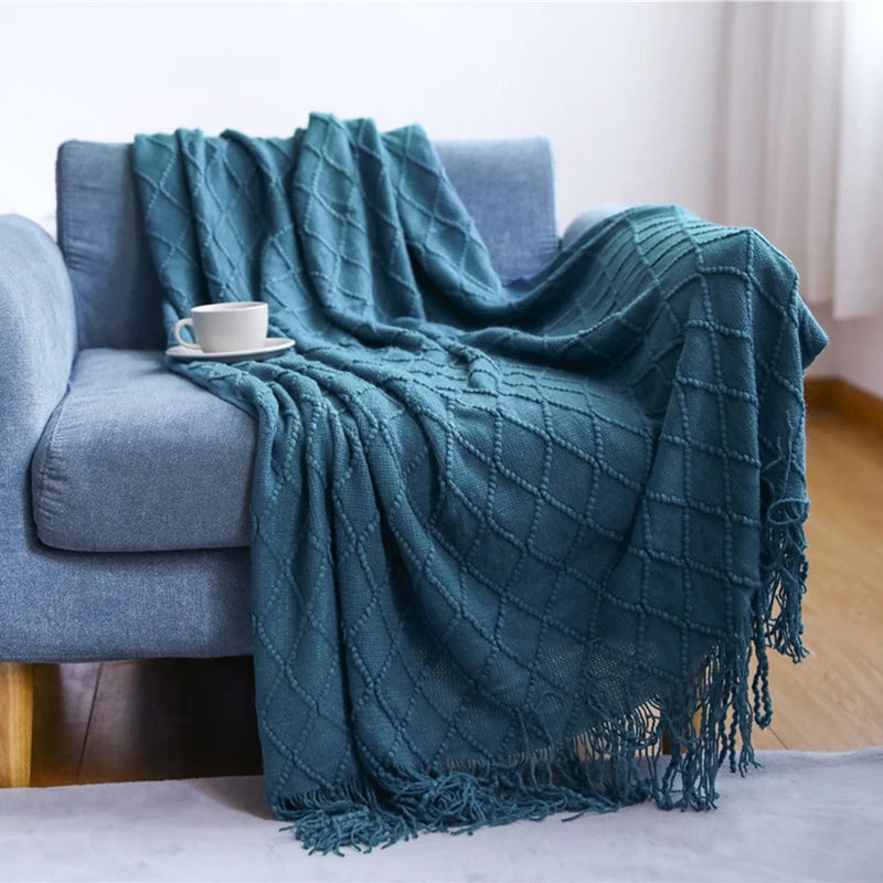 Soft Knit Boho Throw Blanket – Lightweight Acrylic Travel & Home Decor Accent with Fringe