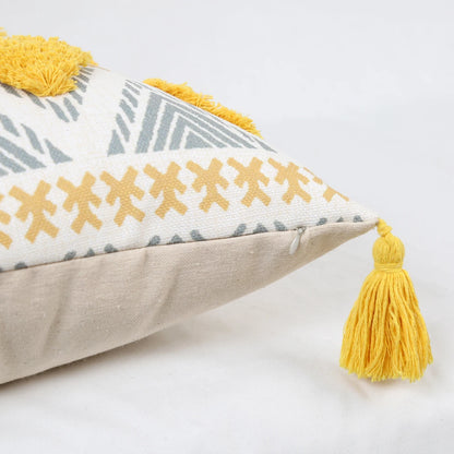 Yellow Geometric Tufted Throw Pillow Cover with Tassels – 18x18in Boho Home Decor Accent for Couch, Sofa & Bed Housewarming Gift