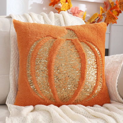 Pumpkin Gold Sequin Embroidered Pillow Cover – Plush Fall Accent for Cozy Autumn Vibes