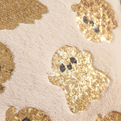 Halloween Pumpkin Gold Sequin Embroidered Plush Pillow Cover – Festive Throw Cushion for Sofa, Bed & Autumn Decor